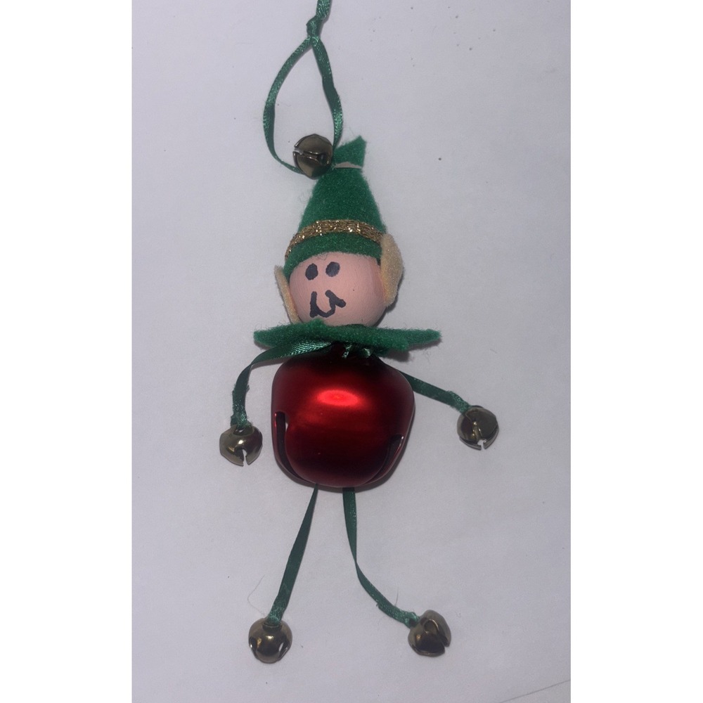 Vintage Christmas Pixie Elf Jingle Bell Ornament Wood Head Felt Hat Kitschy 6"